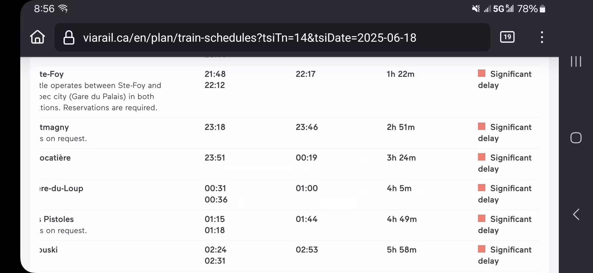 Train schedule showing significant delays