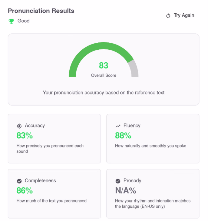 Pronunciation Results screen