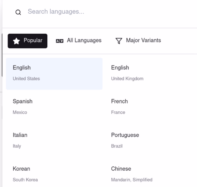 Language selection dropdown