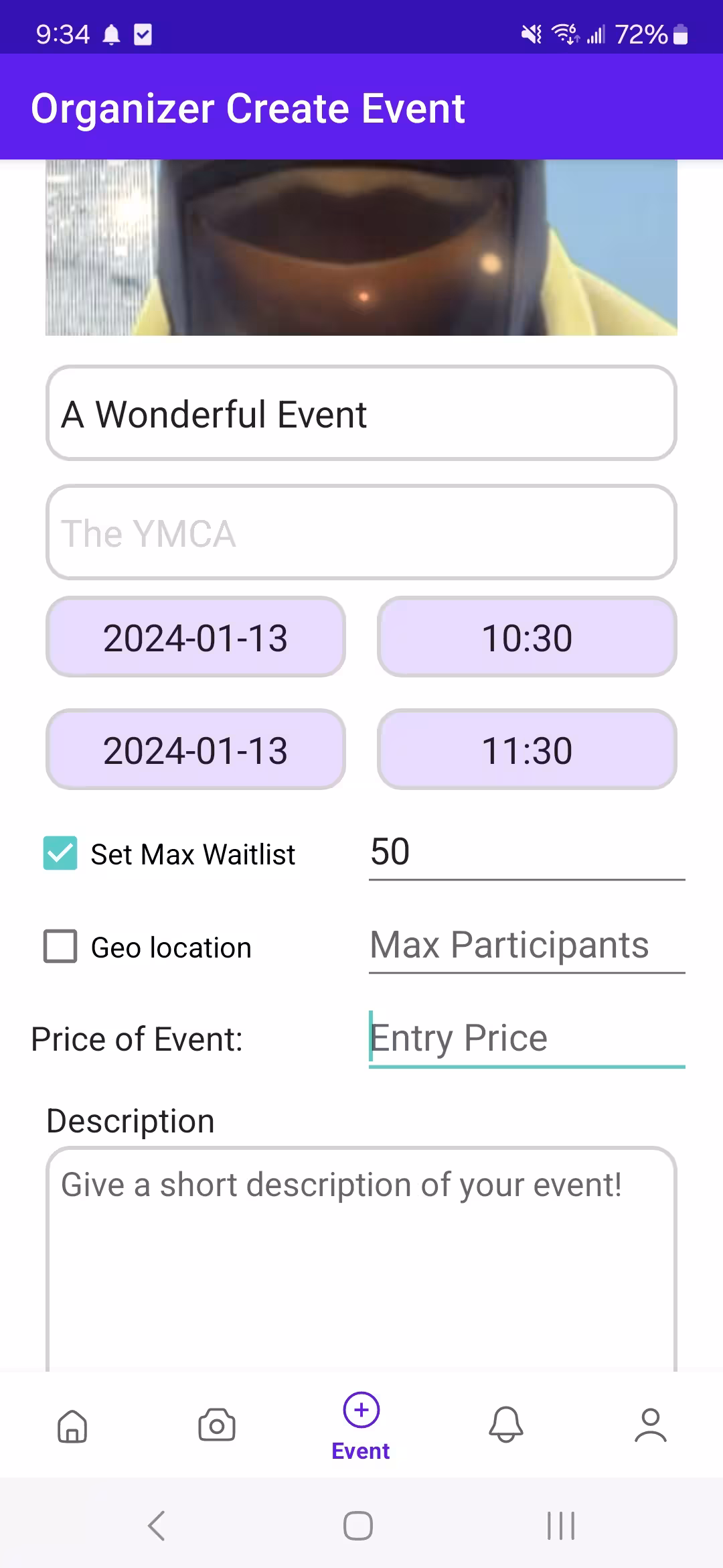 The Originizer's view for creating events