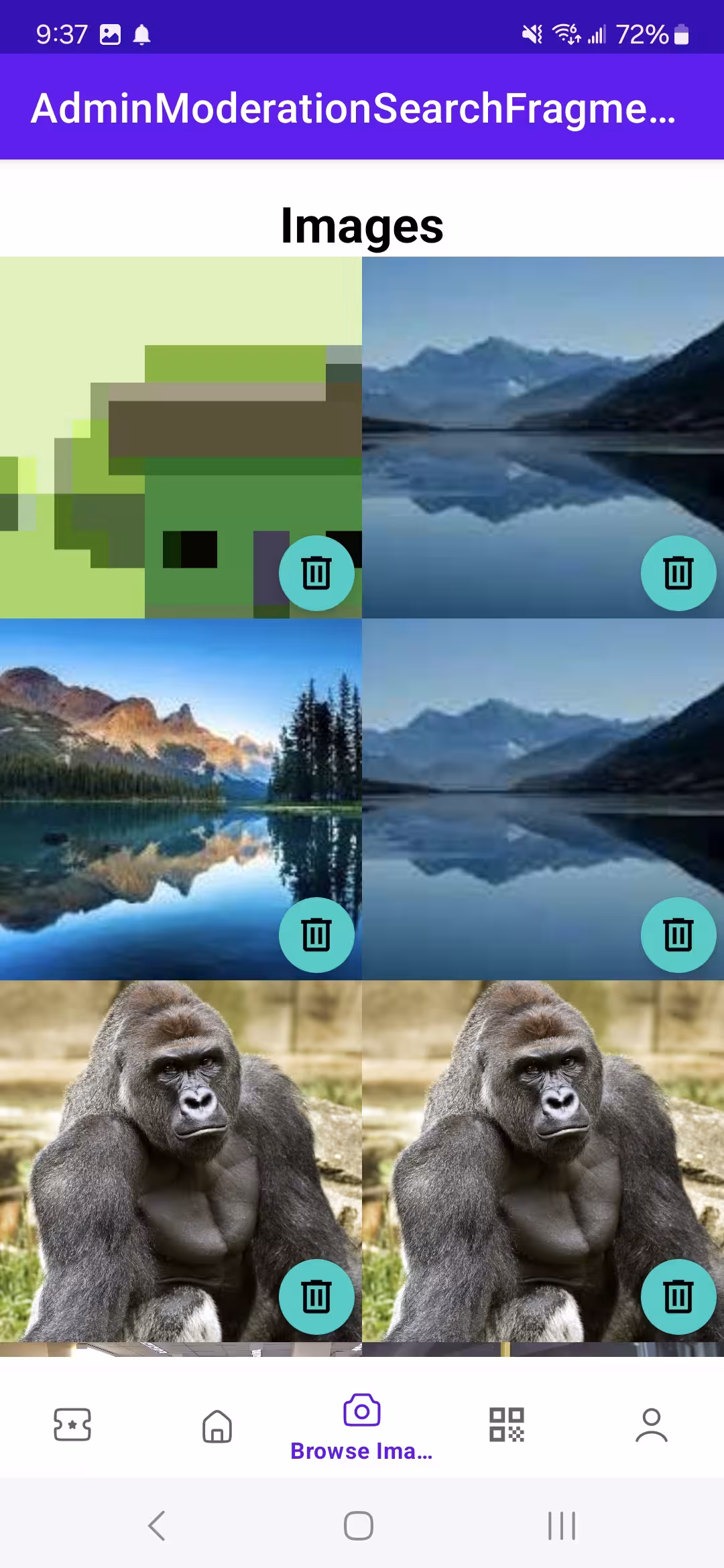 Admin image search and delete screen