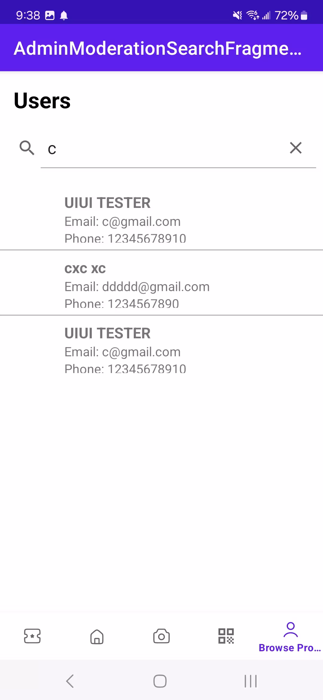 Admin user search moderation screen